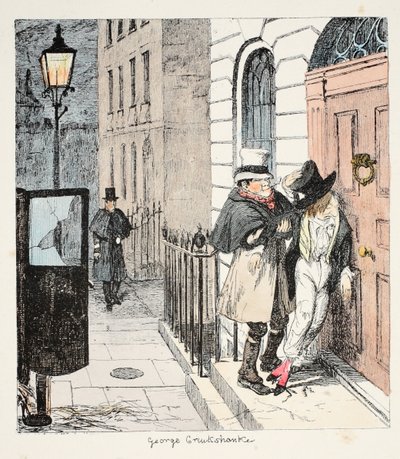Le abitudini del signor Lambkins peggiorano sempre di più! Alle 3 del mattino viene messo in piedi (molto allegro) contro la sua porta da un tassista di buon cuore, da The Bachelors Own Book o il progresso del signor Lambkins da George Cruikshank